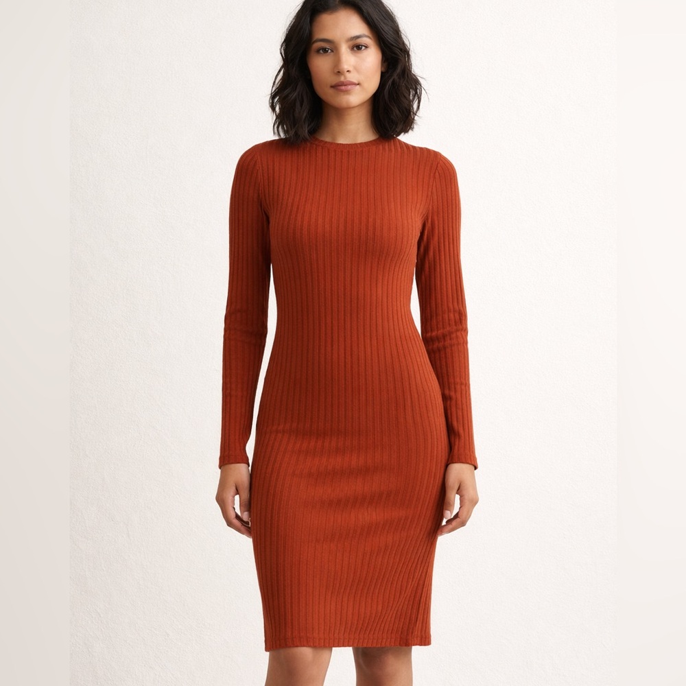 Rust Ribbed Long Sleeve Midi Dress